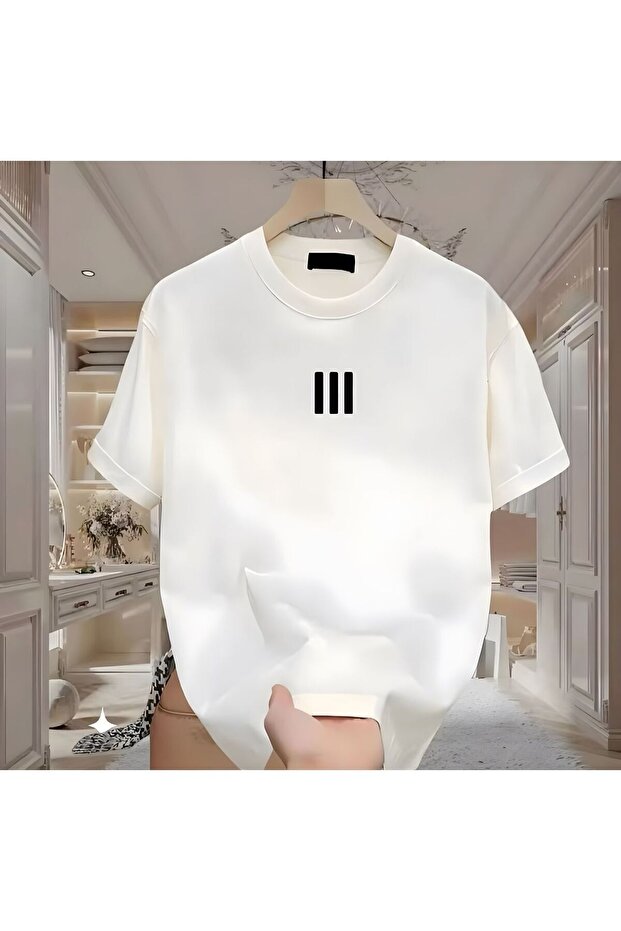 3 Lines Printed White Men's Tshirt 100% Organic Cotton Textured Comfort T-Shirt