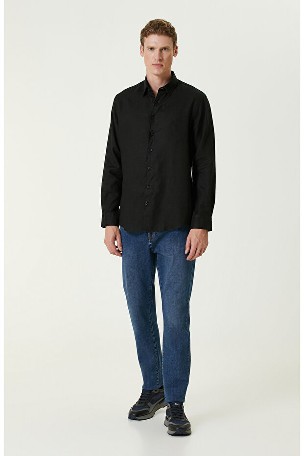 Siyah Keten Gömlek - 3