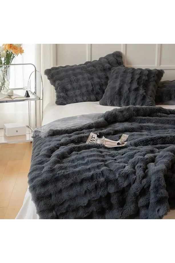 koyu gri  3 Parça Çift Kişilik Tavşan Peluş Battaniye Yatak Örtüsü Takımı - 1
