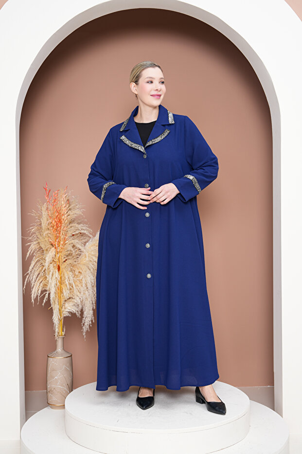 Hijab Crepe Buttoned Mevlana Pul Sequin Detailed Pocketed Abaya Ferace Size 42-48