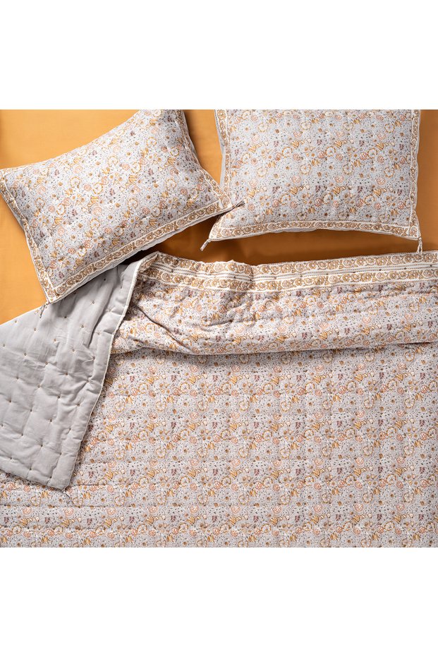 Okhla Handicraft Printed Quilted Cotton Velvet Cotton Velvet Bedspread Set 260X280 cm Gray