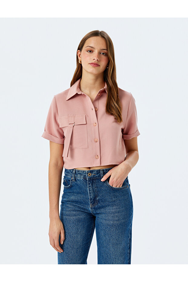 Modal Fabric Short Sleeve Pocket Detail Crop Shirt