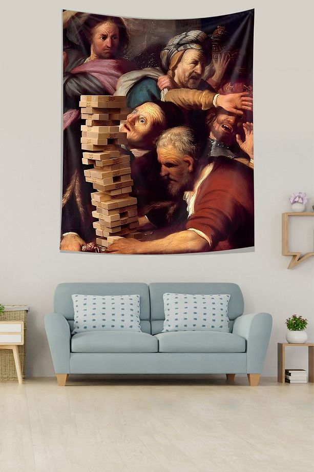 Rönesans Jenga Kulesi Oyunu Leke Tutmaz Kumaş Duvar Örtüsü Duvar Halısı Tapestry - 1
