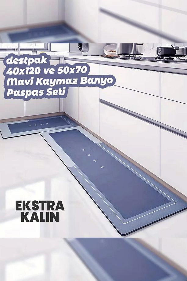 2 Adet Kalın Mavi Su Emici Kaymaz Tabanlı Banyo Paspası Seti - Mutfak Tezgah Önü - 50x70 Ve 40x120 - 1