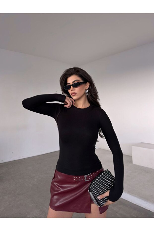 Bisiklet Yaka Parmak Geçmeli Basic Örme Bluz - 4