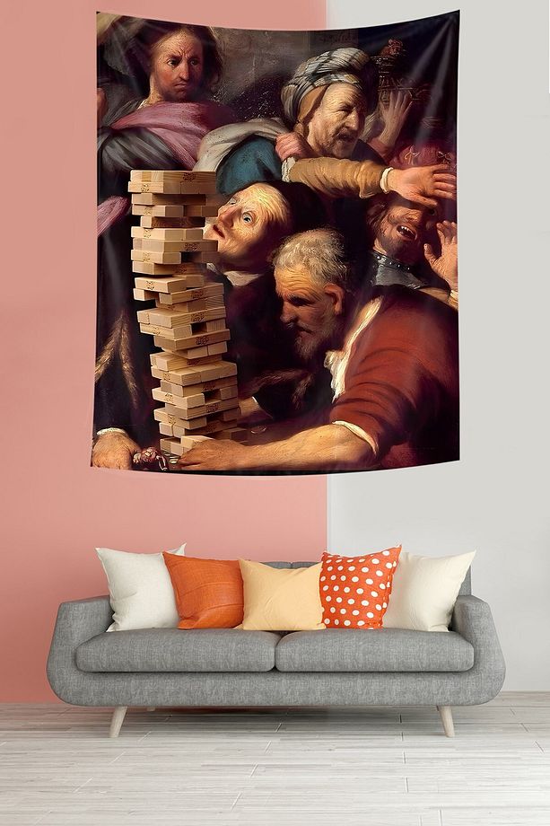 Rönesans Jenga Kulesi Oyunu Leke Tutmaz Kumaş Duvar Örtüsü Duvar Halısı Tapestry - 3