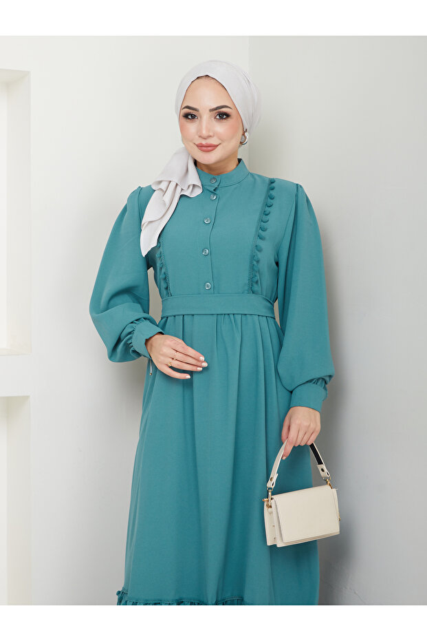 KADIN TESETTÜR DANTELLİ ŞERİT ELBİSE MİNT - 3