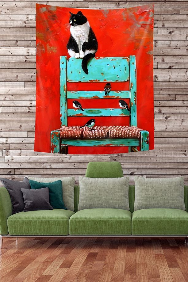 Ahşap Sandalye Üzerindeki Kedi Kuşlar Leke Tutmaz Kumaş Duvar Örtüsü Duvar Halısı Tapestry - 2