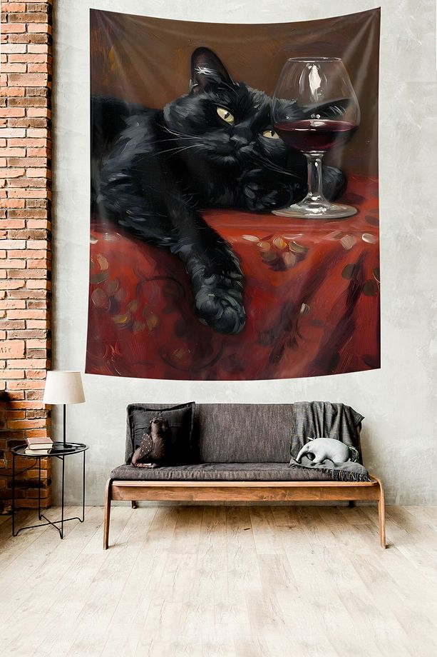 Kadehte Şarap ve Siyah Kedi Komik Leke Tutmaz Kumaş Duvar Örtüsü Duvar Halısı Tapestry - 3