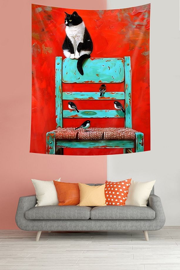 Ahşap Sandalye Üzerindeki Kedi Kuşlar Leke Tutmaz Kumaş Duvar Örtüsü Duvar Halısı Tapestry - 1