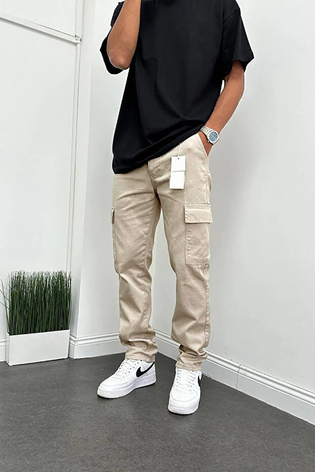Men's Cream Baggy Cargo Pants