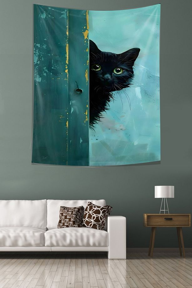 Siyah Yavru Kedi Leke Tutmaz Kumaş Duvar Örtüsü Duvar Halısı Tapestry - 1