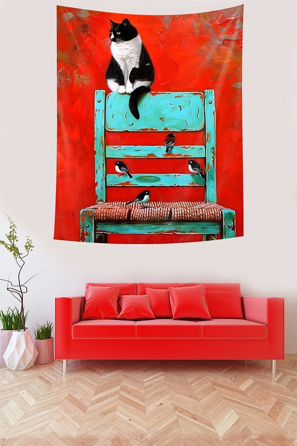 Ahşap Sandalye Üzerindeki Kedi Kuşlar Leke Tutmaz Kumaş Duvar Örtüsü Duvar Halısı Tapestry - 3