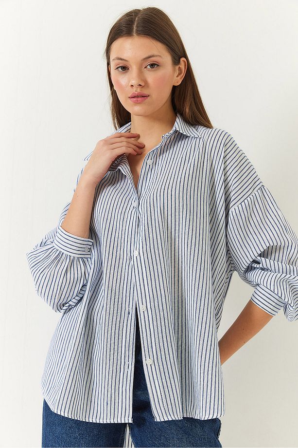 Kadın Dokuma Çizgili Oversize Standart Basic Gömlek 2021 60271073 - 4