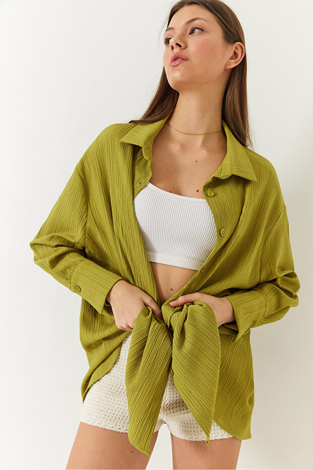 Kadın Düşük Omuz Oversize Basic Bürümcük Gömlek - 5