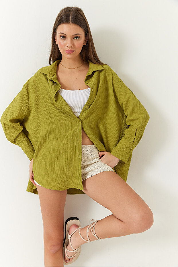 Kadın Düşük Omuz Oversize Basic Bürümcük Gömlek - 3
