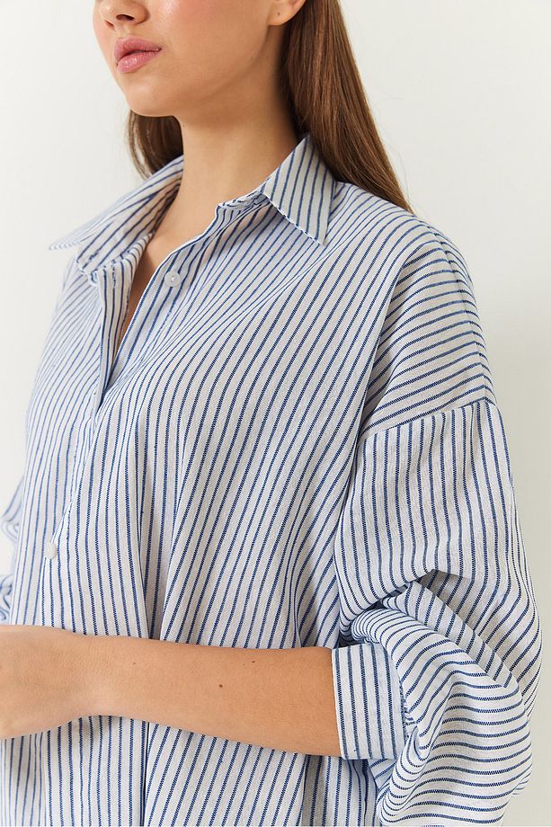Kadın Dokuma Çizgili Oversize Standart Basic Gömlek 2021 60271073 - 6