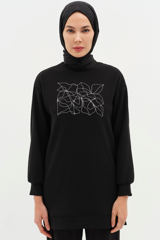 Desen Baskılı Örme Sweat - Siyah - 1