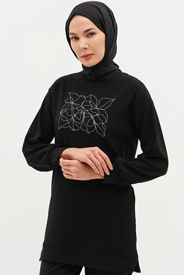 Desen Baskılı Örme Sweat - Siyah - 3
