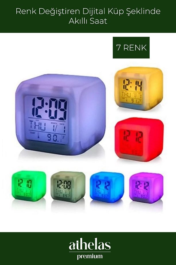 Renk Değiştiren Dijital Masa Saati Termometreli Takvimli Alarmlı 7 Renkli LED Küp Saat - 6