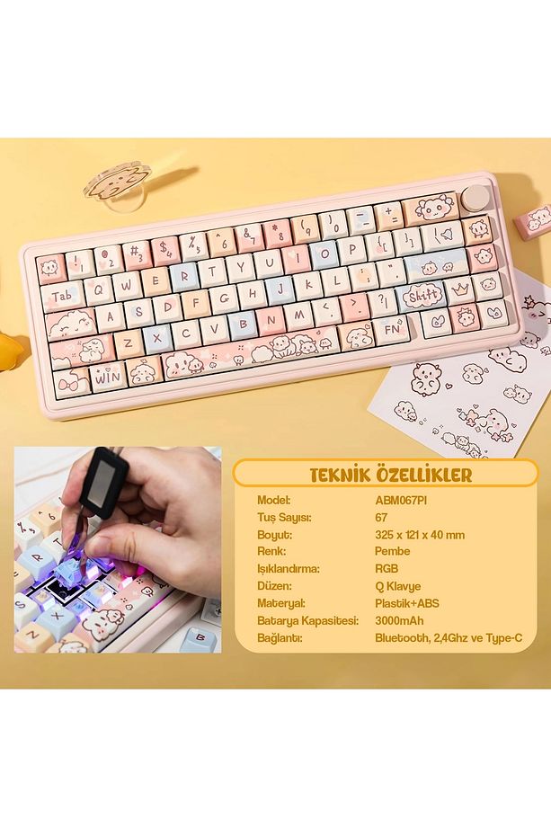 Abm067 Nebula Programlanabilir Esports Rgb Mekanik 3 Mode Kablosuz Klavye (PEMBE) - 3