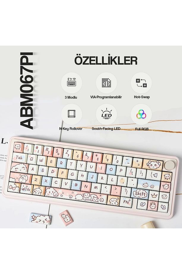 Abm067 Nebula Programlanabilir Esports Rgb Mekanik 3 Mode Kablosuz Klavye (PEMBE) - 1