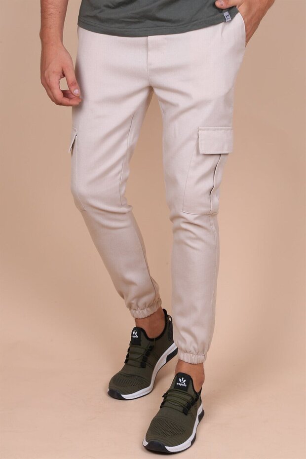 Men's Cream Baggy Straight Loose Cut Cargo Pocket Jeans