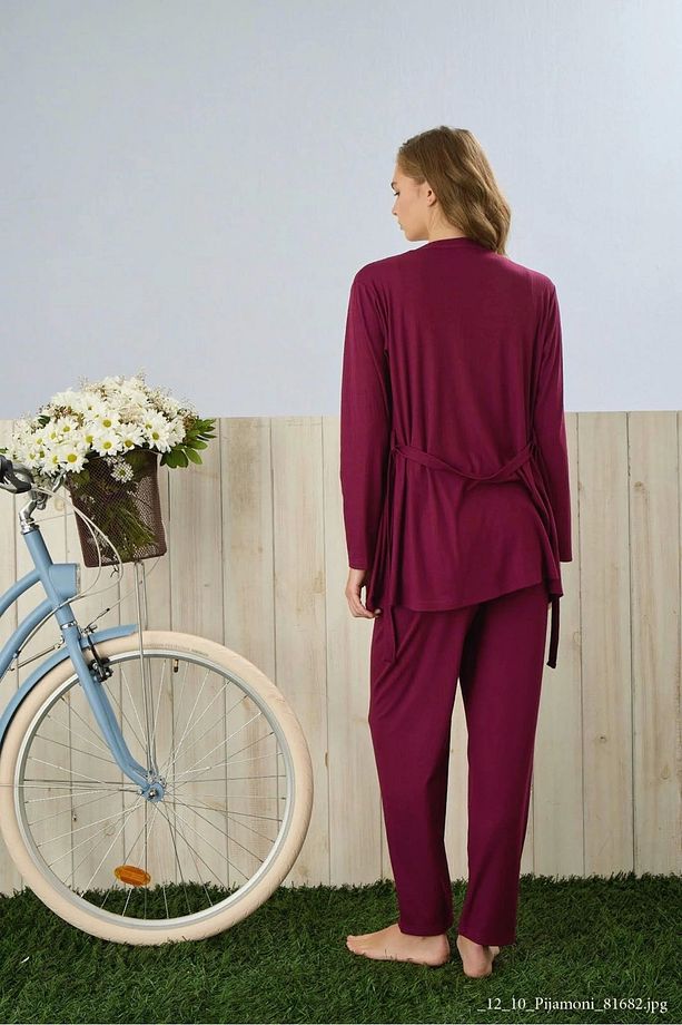Dublin Kumaş Sabahlıklı Mürdüm Pijama Takımı-5325 - 5
