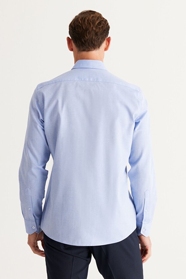 Erkek Mavi Slim Fit Dar Kesim Düğmeli Yaka %100 Pamuk Oxford Gömlek - 5