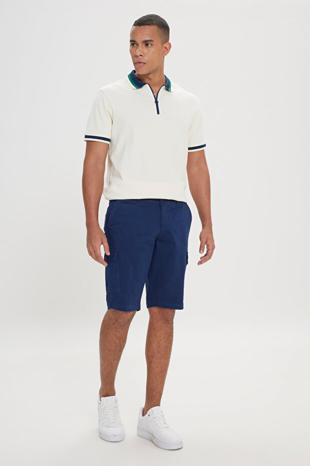 Erkek Lacivert Slim Fit Dar Kesim Pamuklu Esnek Yan Cepli Şort - 2