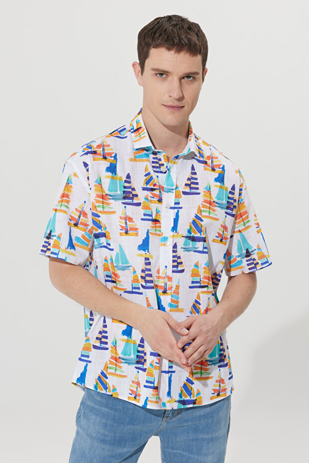 Erkek Beyaz Renklı Oversize Bol Kesim Küçük Italyan Yaka %100 Pamuk Baskılı - 6