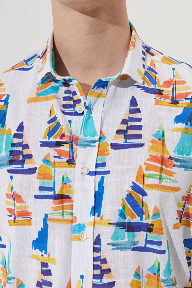 Erkek Beyaz Renklı Oversize Bol Kesim Küçük Italyan Yaka %100 Pamuk Baskılı - 4