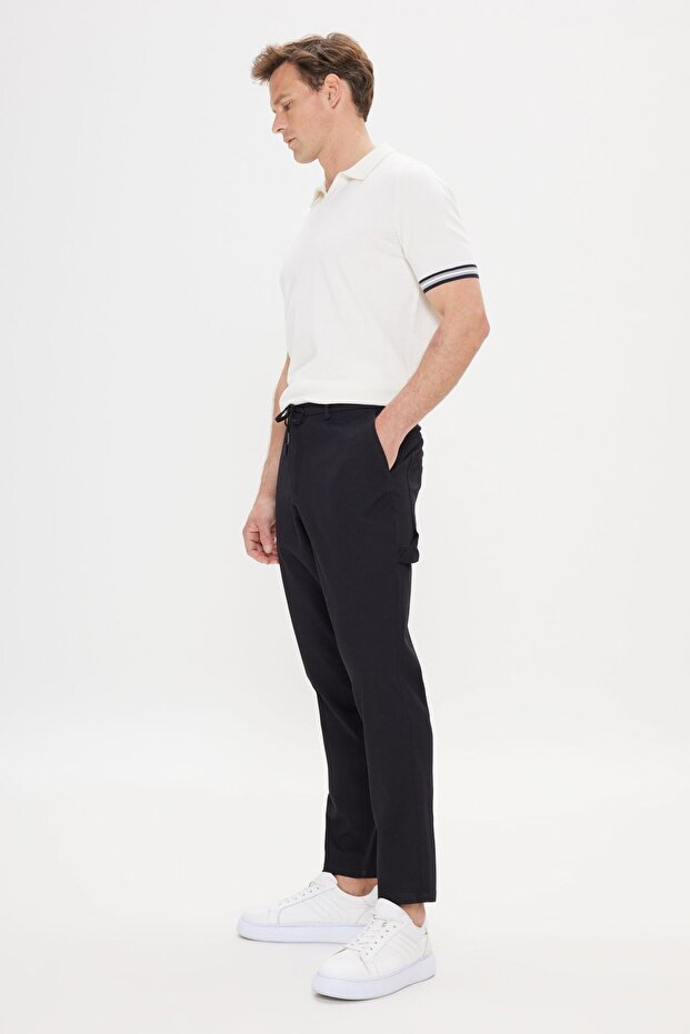 Erkek Siyah Oversize Bol Kesim Beli Bağlamalı Pamuklu Esnek Armürlü Yan Cepli Pantolon - 4