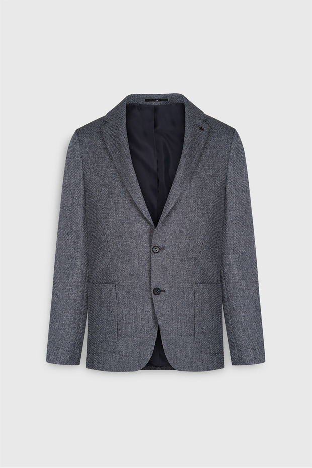 Slim Fit Dar Kesim Mono Yaka Desenli Torba Cepli Lacivert Ceket - 7