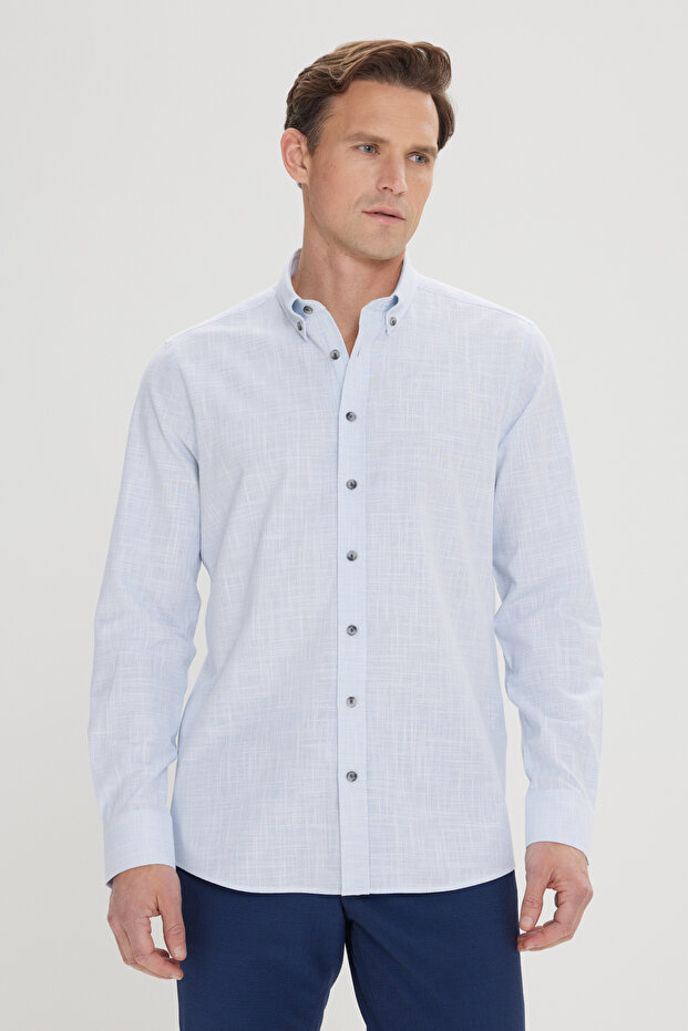 Men's Blue Slim Fit Slim Fit Buttoned Collar Linen Look 100% Cotton Flame Summer Shirt