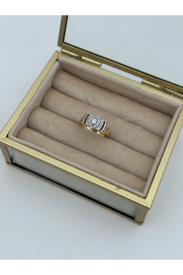 Gold Oval Figure Burgundy Stone Edge Adjustable Ring