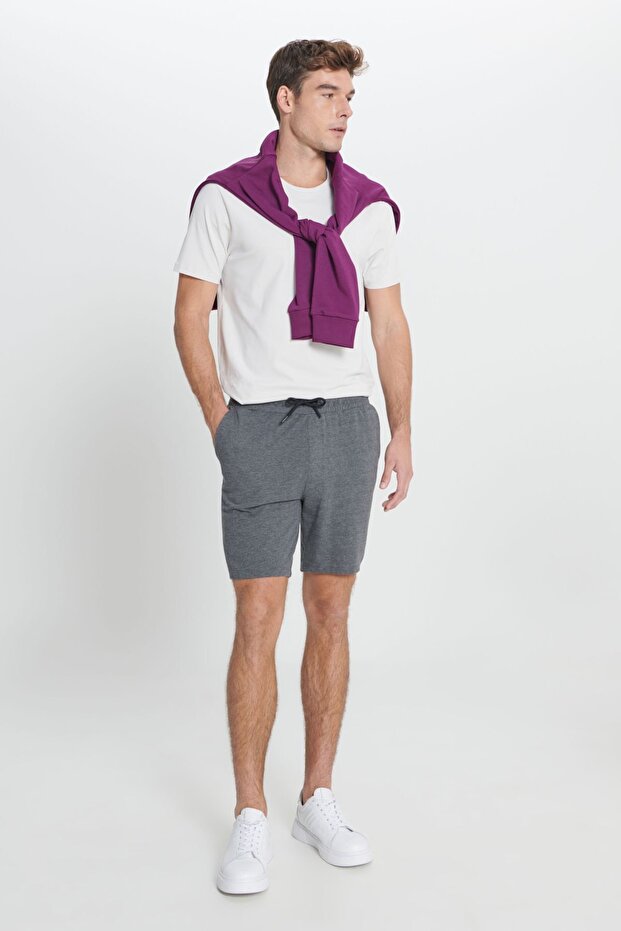 Erkek Antrasit-melanj Standart Fit Normal Kesim Pamuklu Rahat Örme Şort - 3