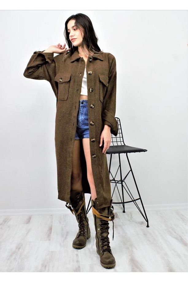 Kadın Kaşe Kemerli Çift Cep Düğmeli Uzun Oversize Oduncu Gömlek Tunik Elbise 3280308 - 5
