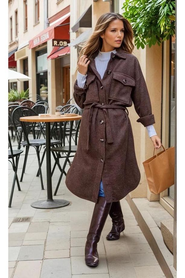 Kadın Kaşe Kemerli Çift Cep Düğmeli Uzun Oversize Oduncu Gömlek Tunik Elbise 3280308 - 3