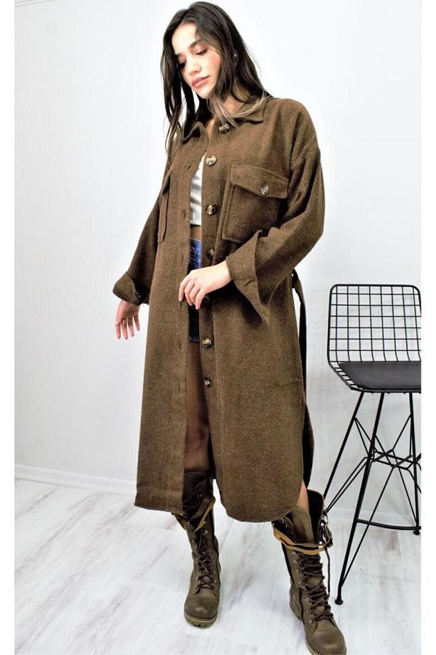 Kadın Kaşe Kemerli Çift Cep Düğmeli Uzun Oversize Oduncu Gömlek Tunik Elbise 3280308 - 7