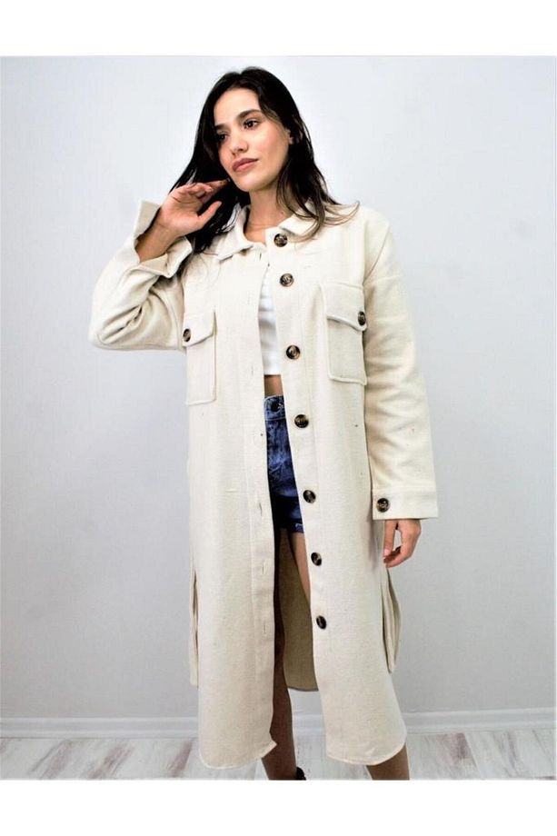 Kadın Kaşe Kemerli Çift Cep Düğmeli Uzun Oversize Oduncu Gömlek Tunik Elbise 3280308 - 5
