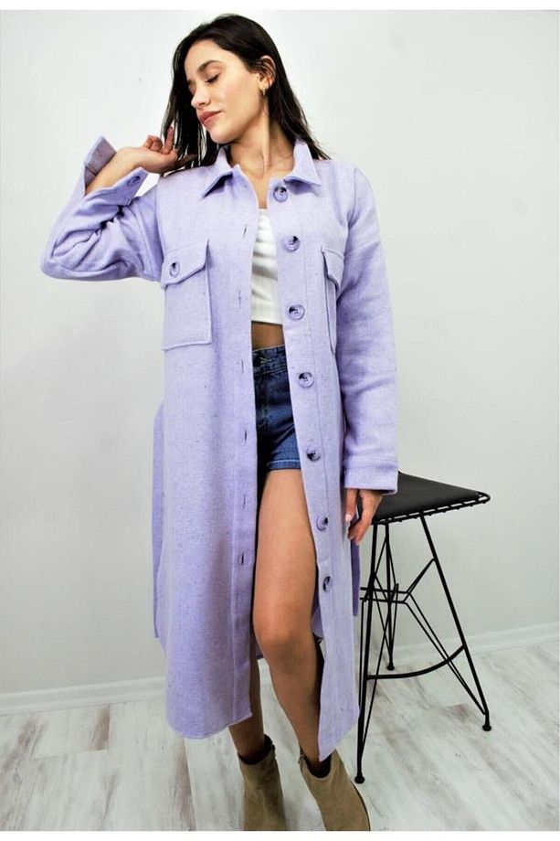 Kadın Kaşe Kemerli Çift Cep Düğmeli Uzun Oversize Oduncu Gömlek Tunik Elbise 3280308 - 8