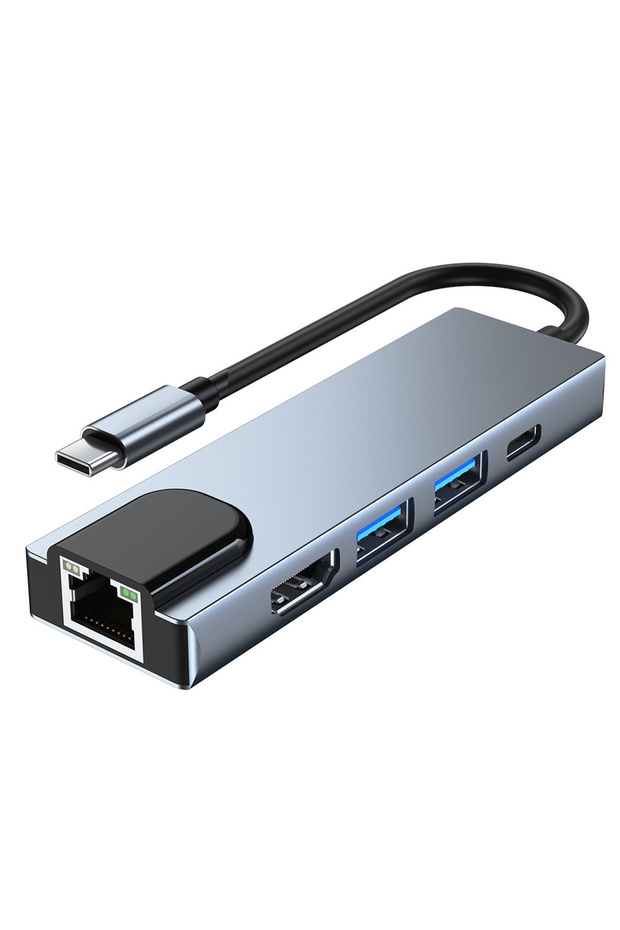 GRAY Usb 5 In 1 Type-C 3 1 To 4k HdTV Hub Adapter With Sd Tf 100M Rj45 Car d Reader Pd Fast Charge F