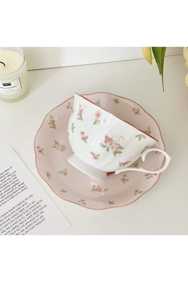 about 250ml Pink French Pink Rabbit Print Vintage Coffee Cup and Saucer Set Ceramic Cup Cute Girls'