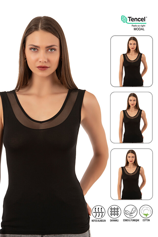 Özkan 22848 3 Pack Women's Modal Cotton Thick Strap V-Neck Tulle Detailed Athlete