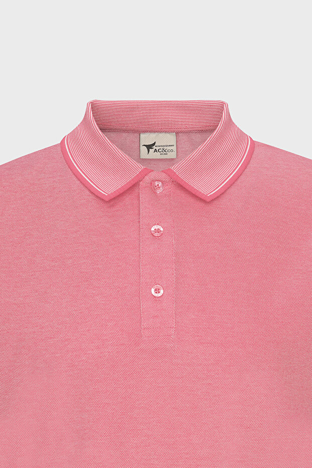 Erkek Çekmeyen Pamuklu Kumaş Slim Fit Dar Kesim Fuşya-Beyaz Kıvrılmaz Polo Yaka Tişört - 8