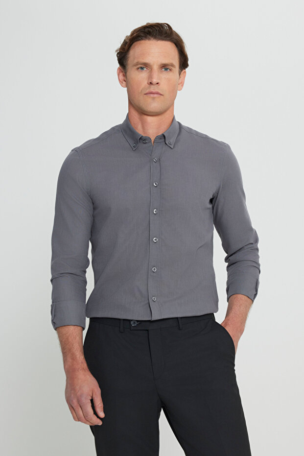 Erkek Antrasit Keten Görünümlü %100 Pamuk Nefes Alabilen Kumaş Flamlı Slim Fit Düğmeli Yaka Gömlek - 1