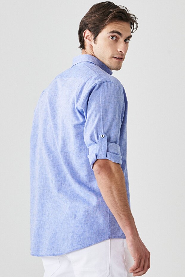Erkek Saks Mavi Keten Comfort Fit Rahat Kesim Düğmeli Yaka Casual Gömlek - 7