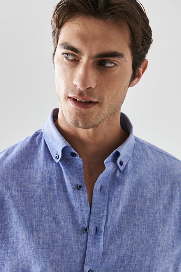 Erkek Saks Mavi Keten Comfort Fit Rahat Kesim Düğmeli Yaka Casual Gömlek - 4