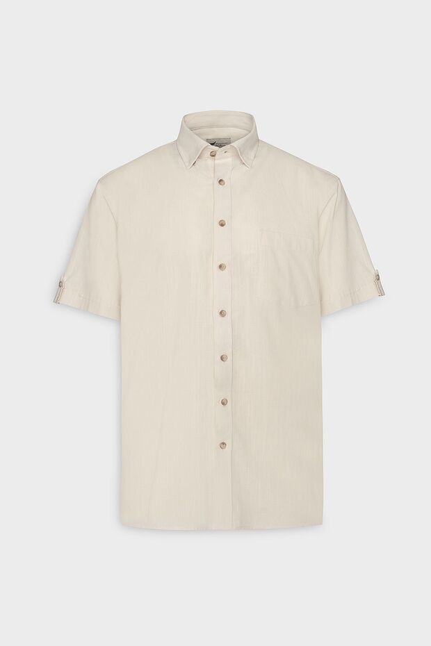 Erkek Bej Comfort Fit Rahat Kesim Düğmeli Yaka Keten Görünümlü %100 Pamuk Flamlı Kısa Kollu Gömlek - 6